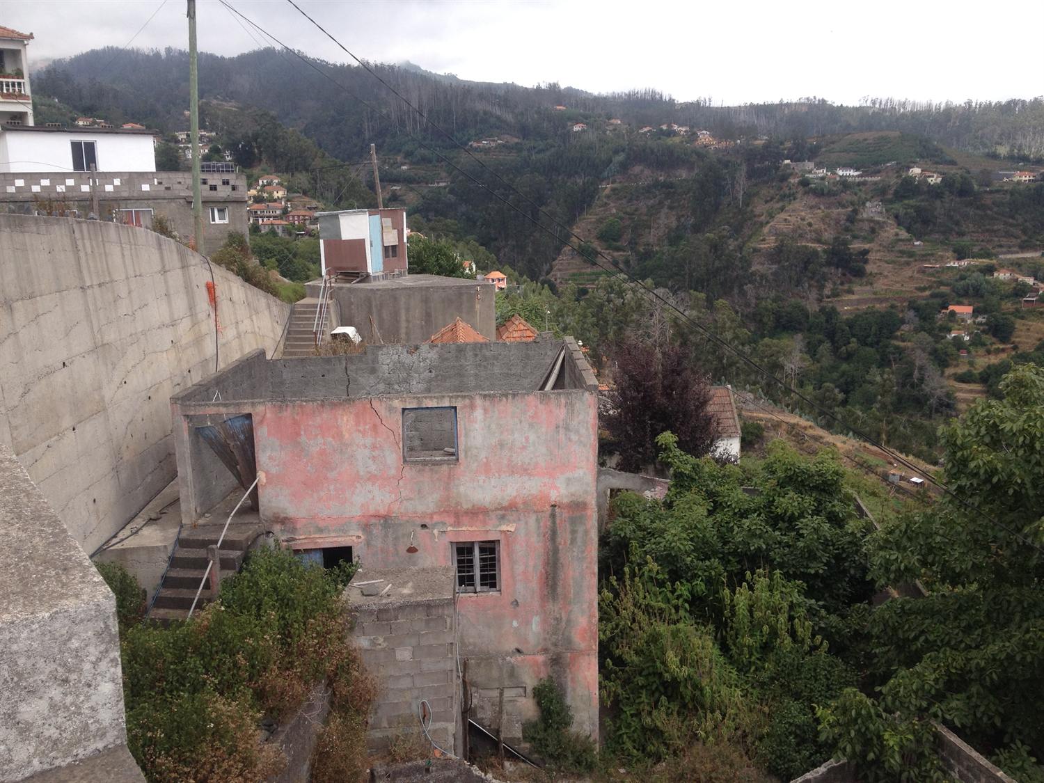 Houses on a steep terraced hillside at Camacha, Madeira, with cloud sitting on the slopes behind