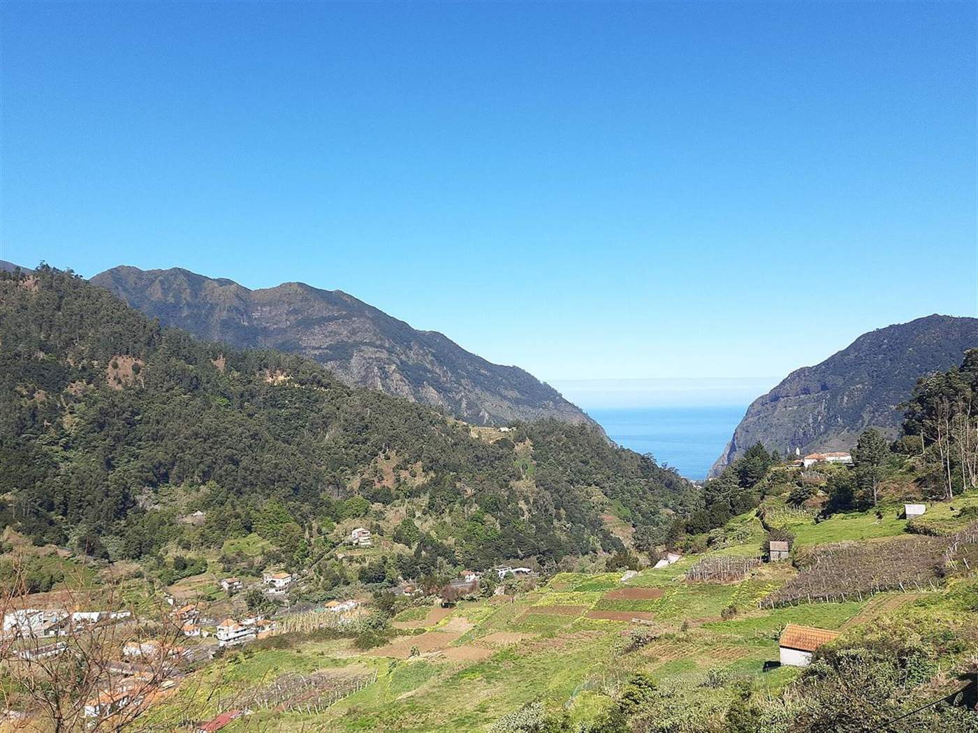 Groene bergvallei bij São Vicente, Madeira, die in de verte uitmondt in de Atlantische Oceaan