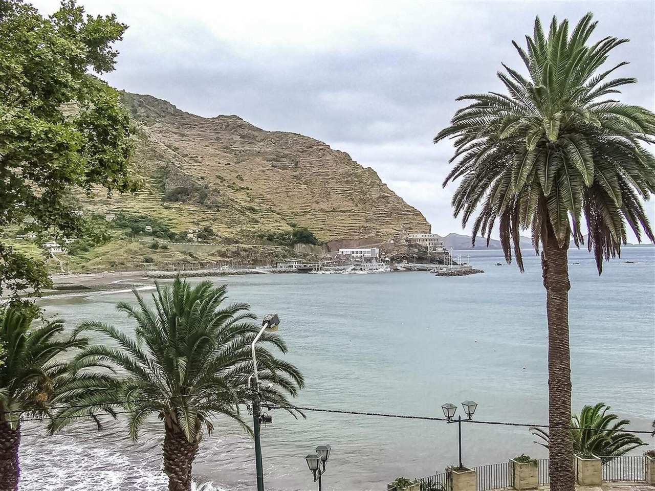 Palmen rahmen die Bucht von Machico mit ihrem Strand, Hafen und terrassierten Hang unter einem bewölkten Himmel