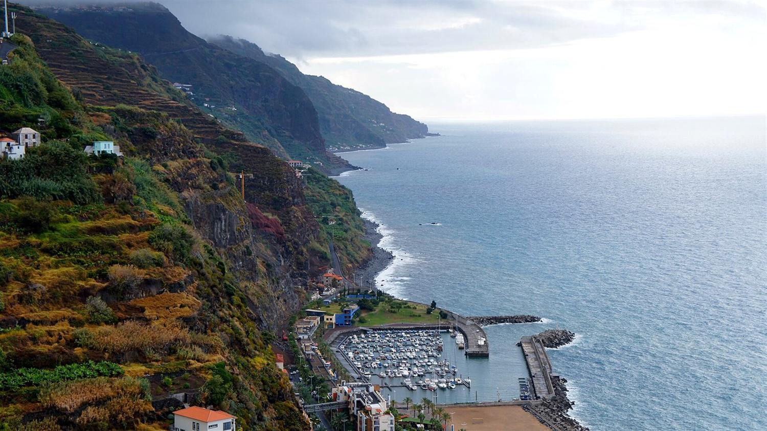 Terraced green hillside above Calheta's marina and coastline, Madeira